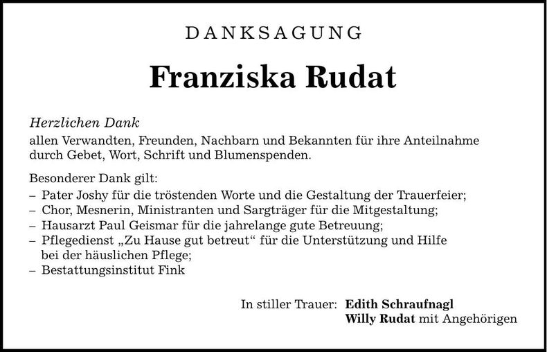 Traueranzeige Franziska Rudat