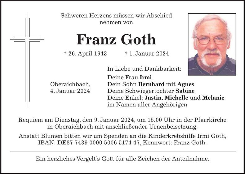 Traueranzeige Franz Goth