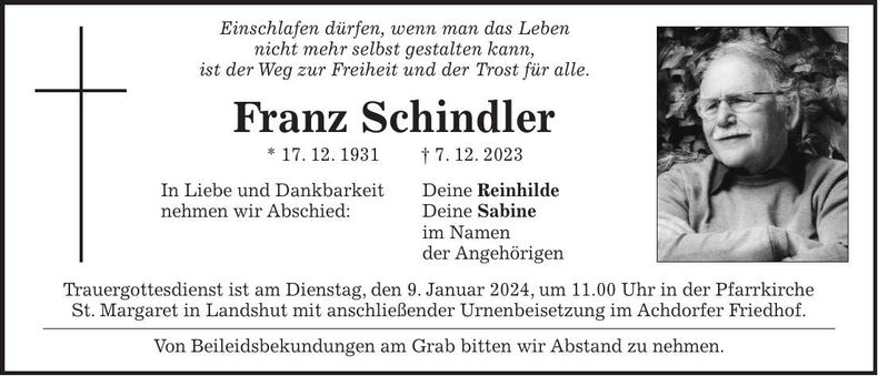 Traueranzeige Franz Schindler