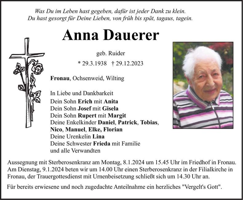 Traueranzeige Anna Dauerer