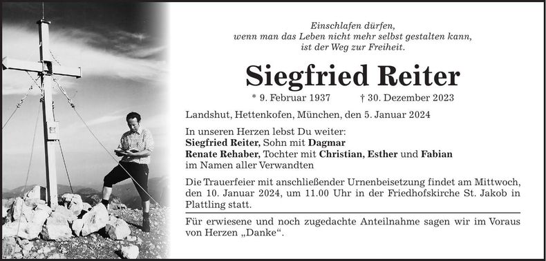 Traueranzeige Siegfried Reiter