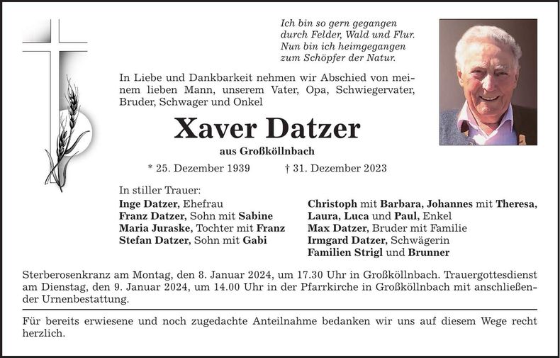 Traueranzeige Xaver Datzer