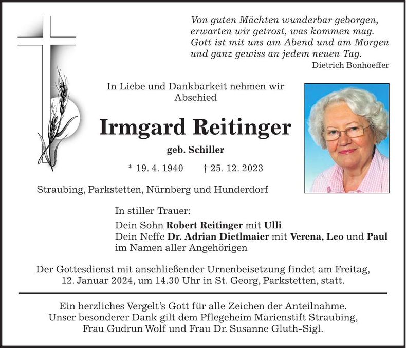 Traueranzeige Irmgard Reitinger