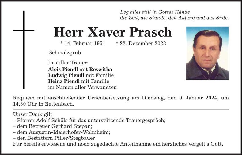 Traueranzeige Xaver Prasch