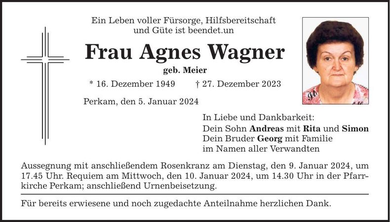 Traueranzeige Agnes Wagner