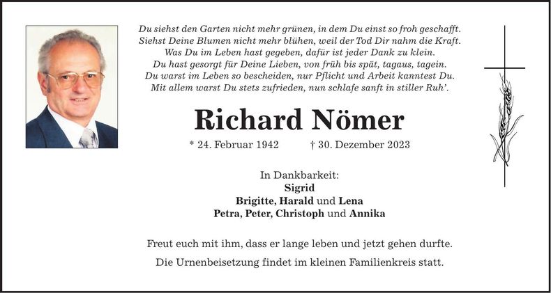 Traueranzeige Richard Nömer