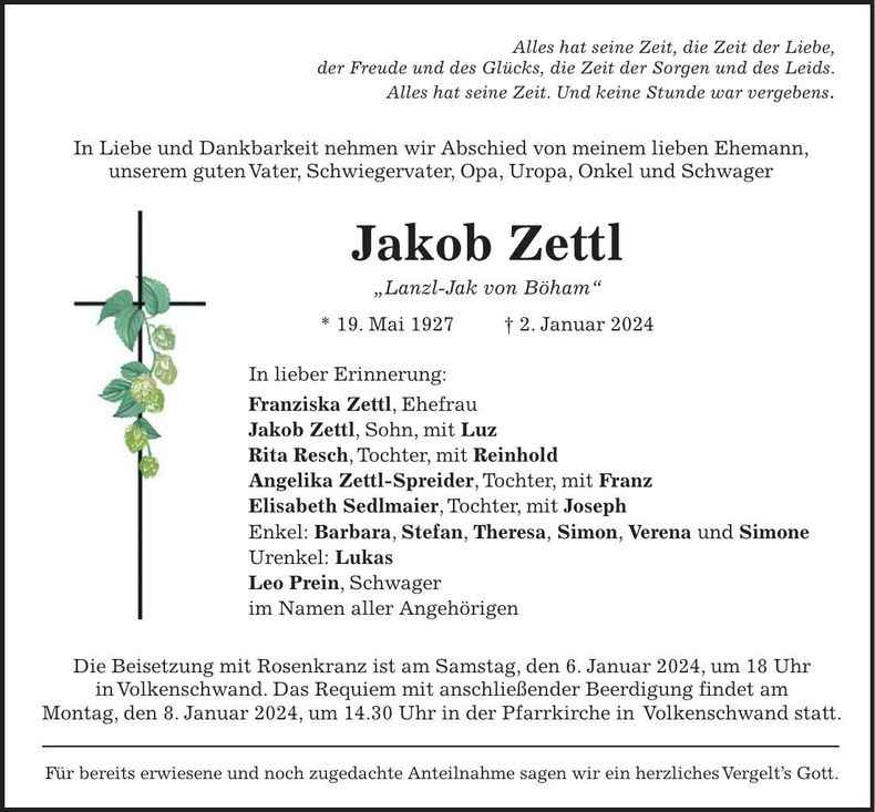 Traueranzeige Jakob Zettl Jakob Zettl