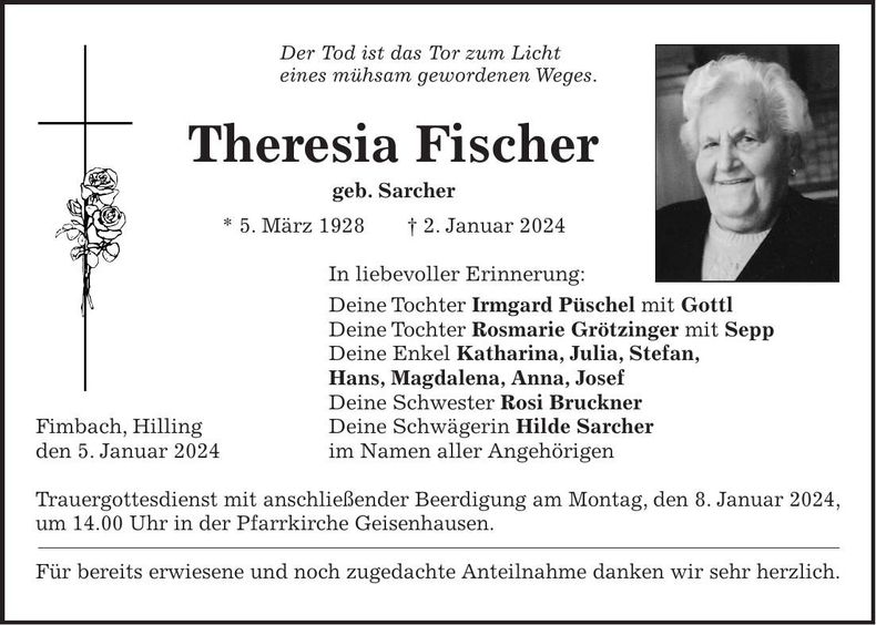Traueranzeige Theresia Fischer
