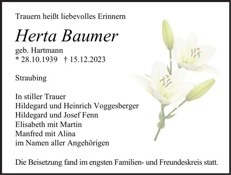 Traueranzeige Herta Bauer