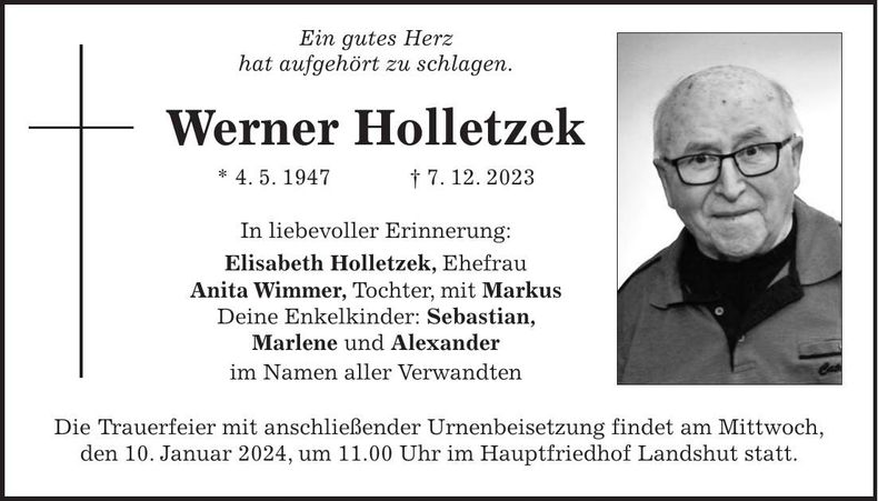 Traueranzeige Werner Holletzek