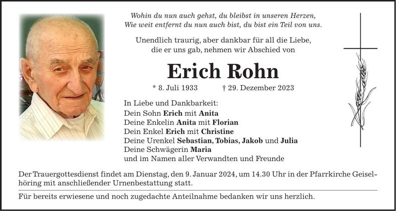 Traueranzeige Erich Rohn