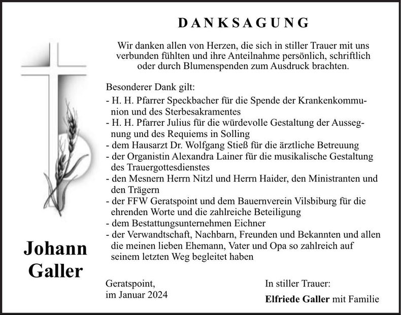 Traueranzeige Johann Galler