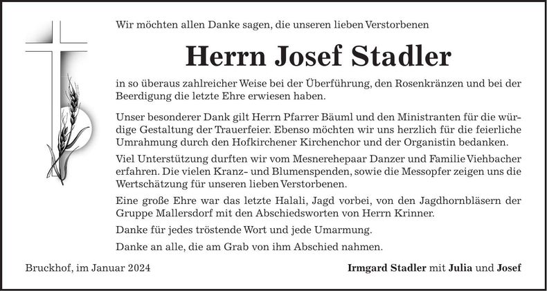 Traueranzeige Josef Stadler