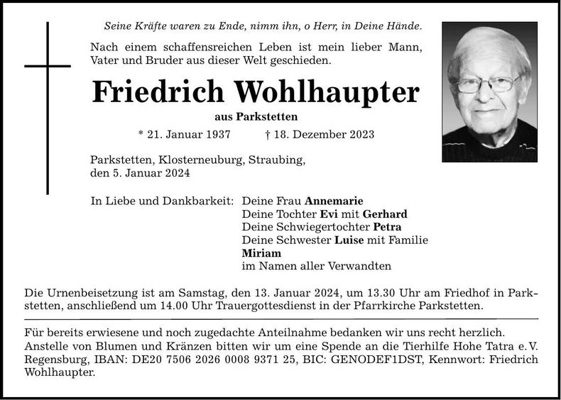 Traueranzeige Friedrich Wohlhaupter