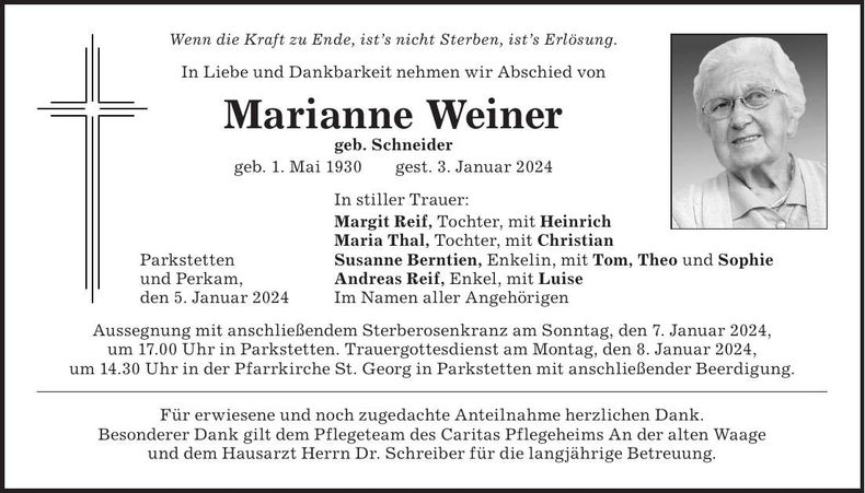 Traueranzeige Marianne Weiner