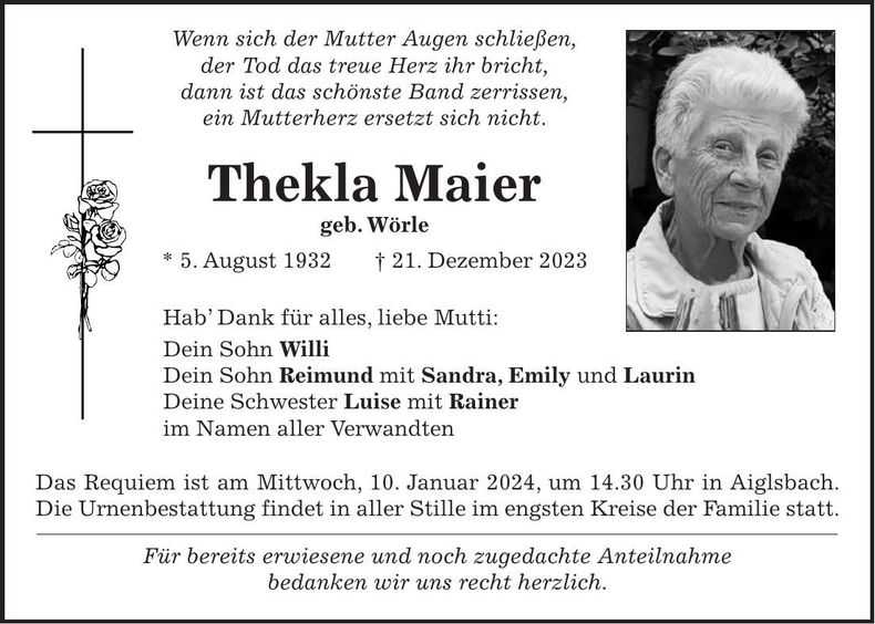 Traueranzeige Thekla Maier