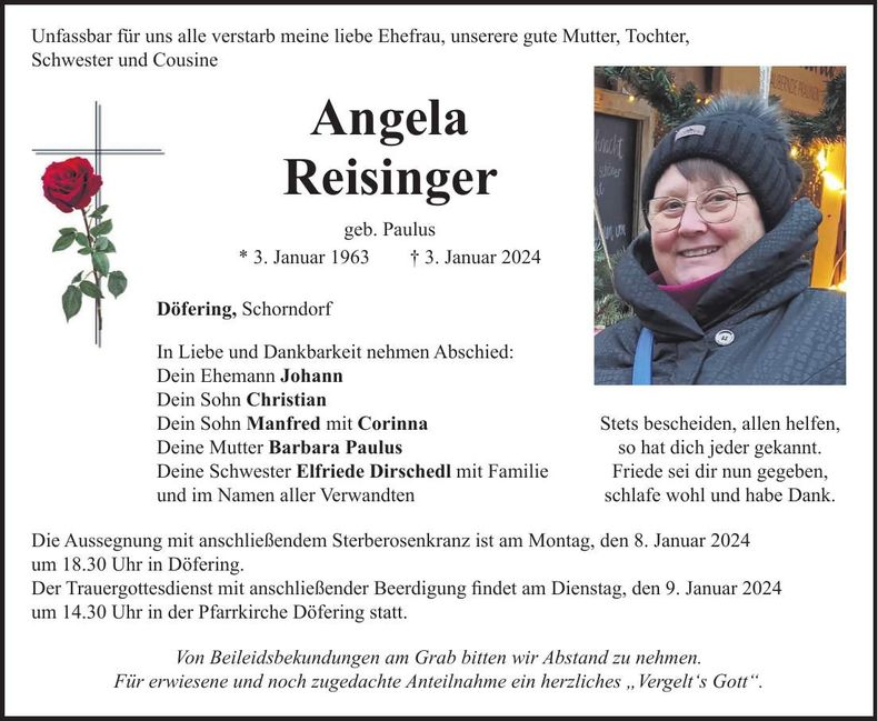 Traueranzeige Angela Reisinger