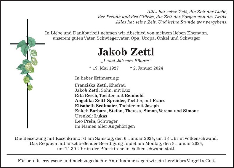 Traueranzeige Jakob Zettl