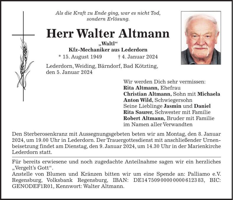Traueranzeige Walter Altmann