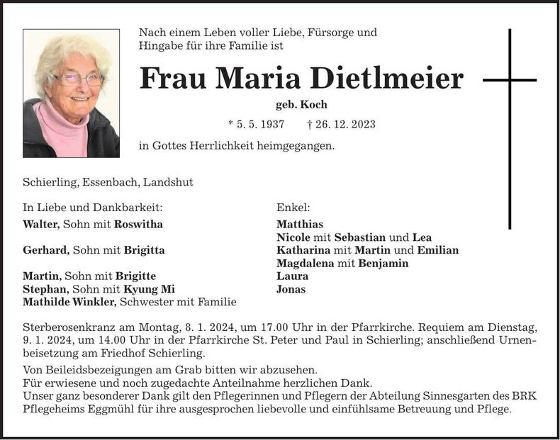Traueranzeige Maria Dietlmeier