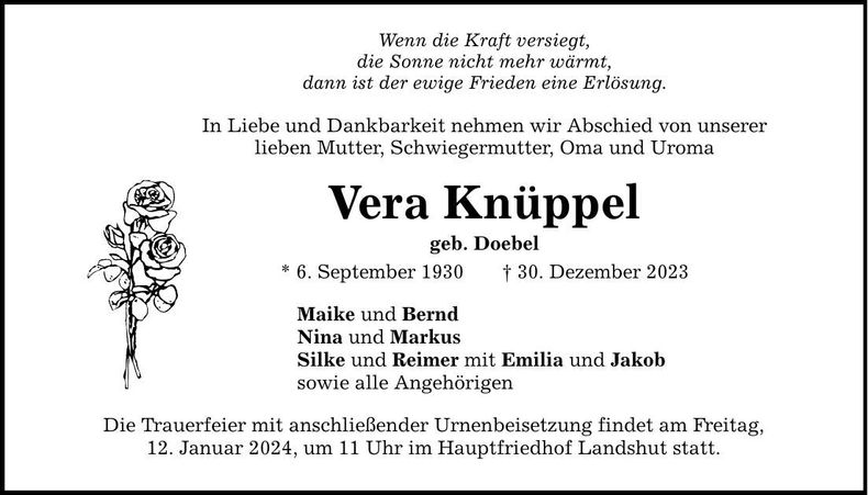 Traueranzeige Vera Knüppel