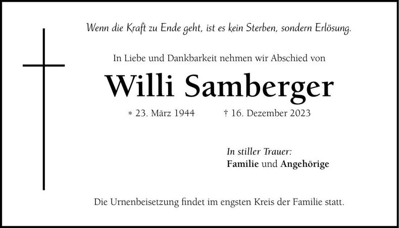 Traueranzeige Wilhelm Samberger