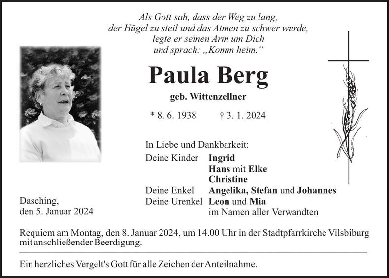 Traueranzeige Paula Berg