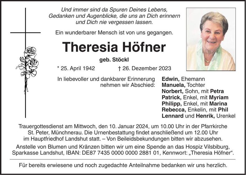 Traueranzeige Theresia Höfner