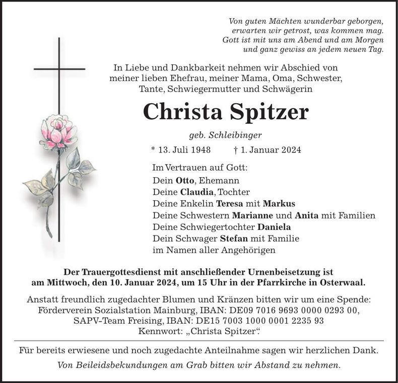 Traueranzeige Christa Spitzer