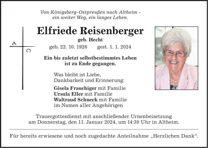 Traueranzeige Elfriede Reisenberger