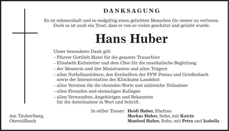 Traueranzeige Hans Huber
