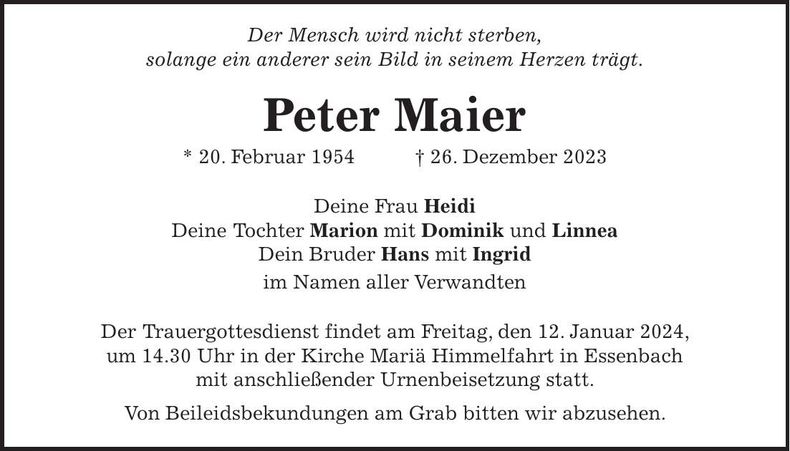 Traueranzeige Peter Maier