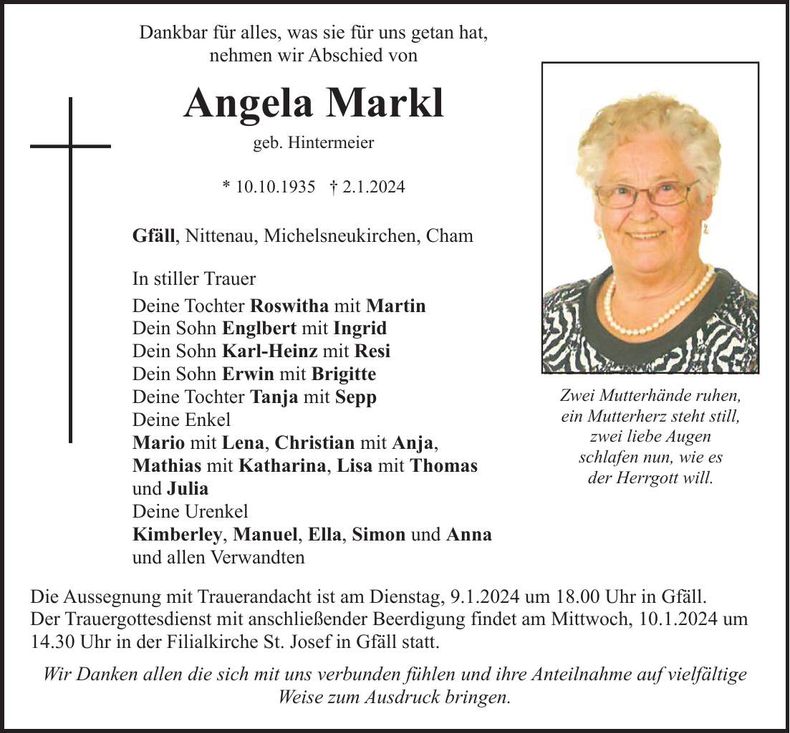 Traueranzeige Angela Markl