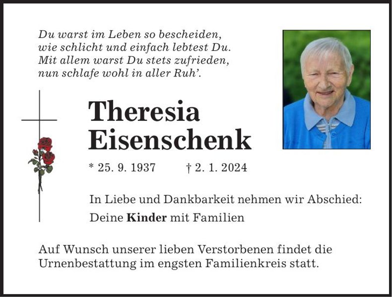 Traueranzeige Theresia Eisenschenk