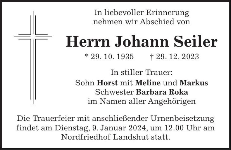 Traueranzeige Johann Seiler