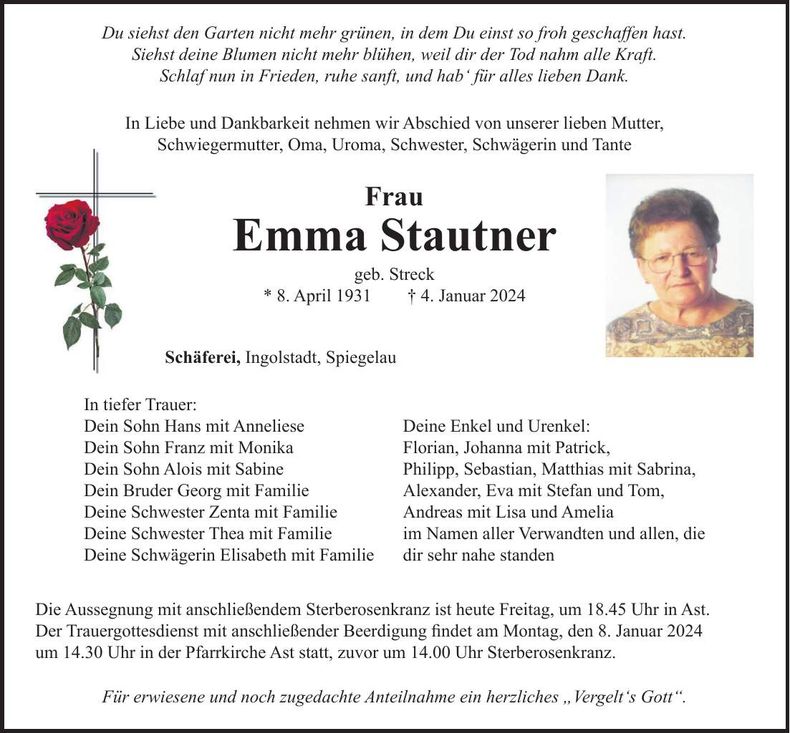 Traueranzeige Emma Stautner