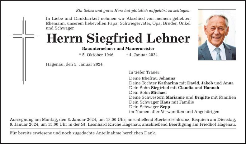 Traueranzeige Siegfried Lehner