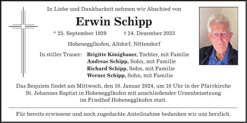 Traueranzeige Erwin Schipp