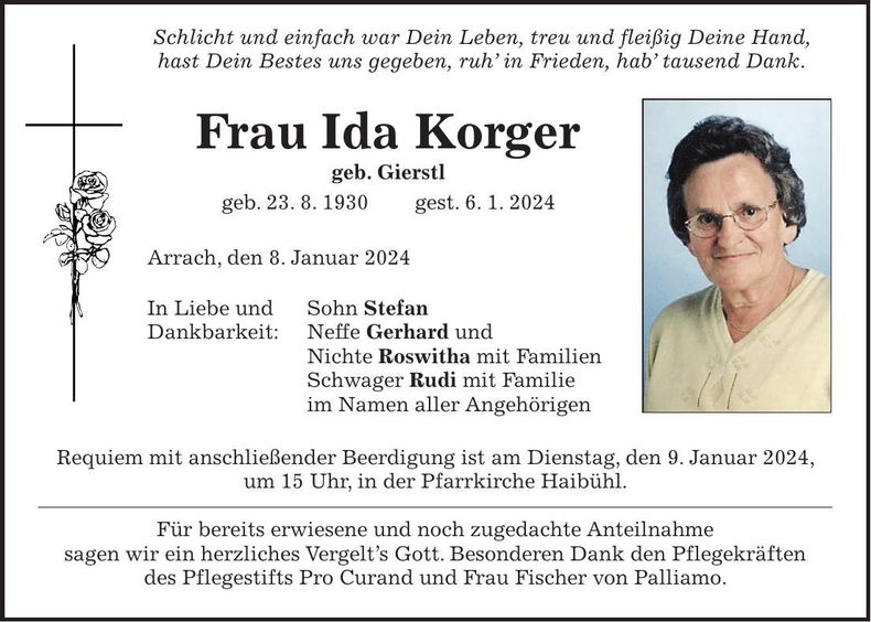 Traueranzeige Ida Korger