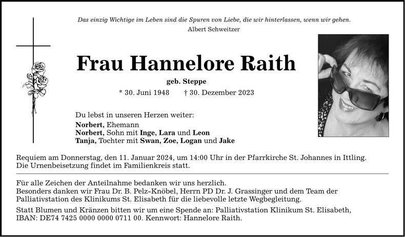 Traueranzeige Hannelore Raith