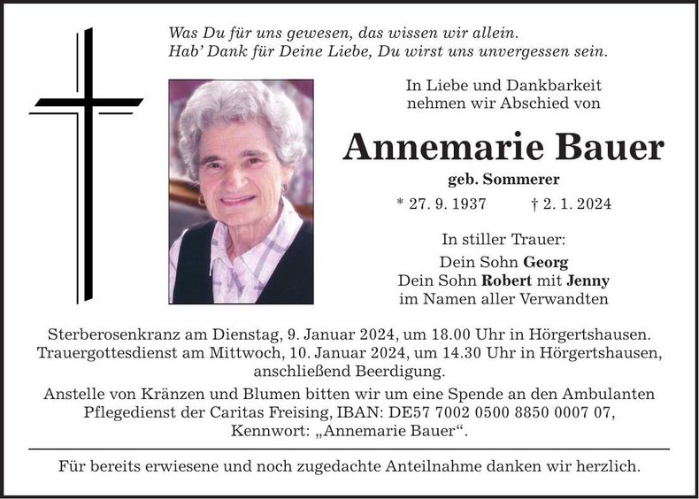 Traueranzeige Annemarie Bauer