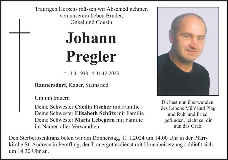 Traueranzeige Johann Pregler
