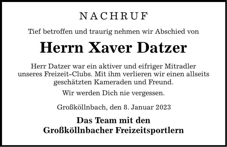 Traueranzeige Xaver Datzer