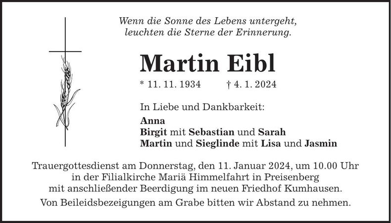 Traueranzeige Martin Eibl
