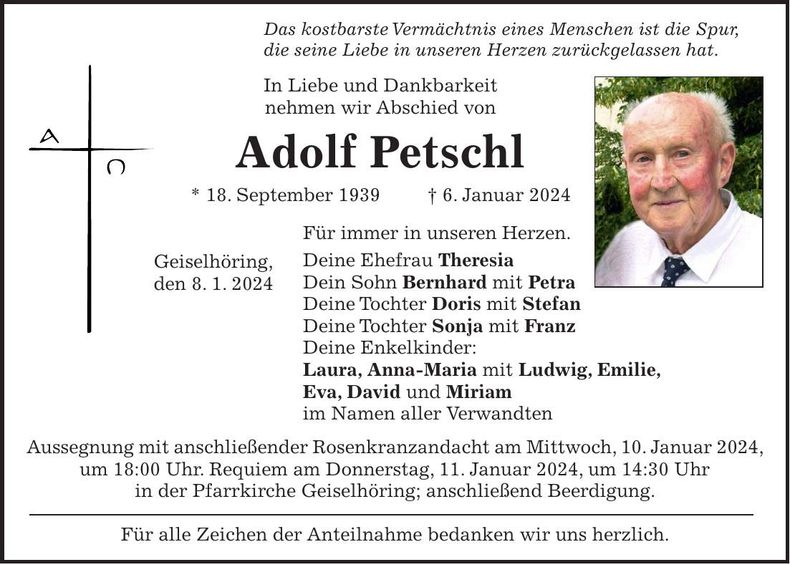 Traueranzeige Adolf Petschl