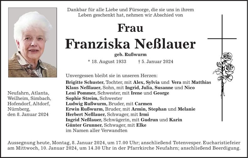 Traueranzeige Franziska Neßlauer