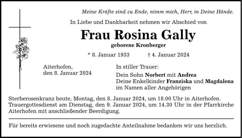 Traueranzeige Rosina Gally