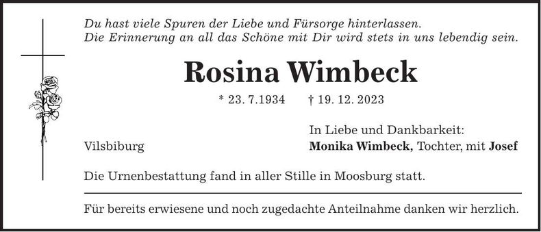 Traueranzeige Rosina Wimbeck
