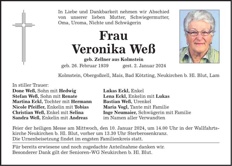 Traueranzeige Veronika Weß