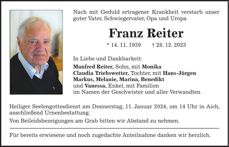 Traueranzeige Franz Reiter